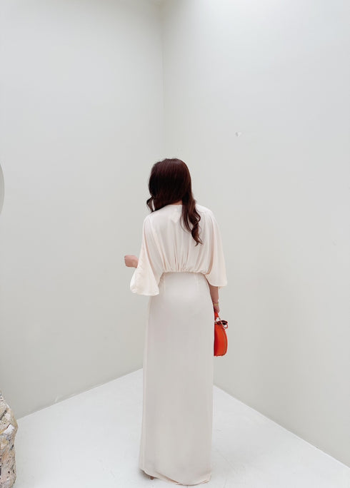 Women Casual V-neck Napless Flare Sleeves Maxi Slit Dress
